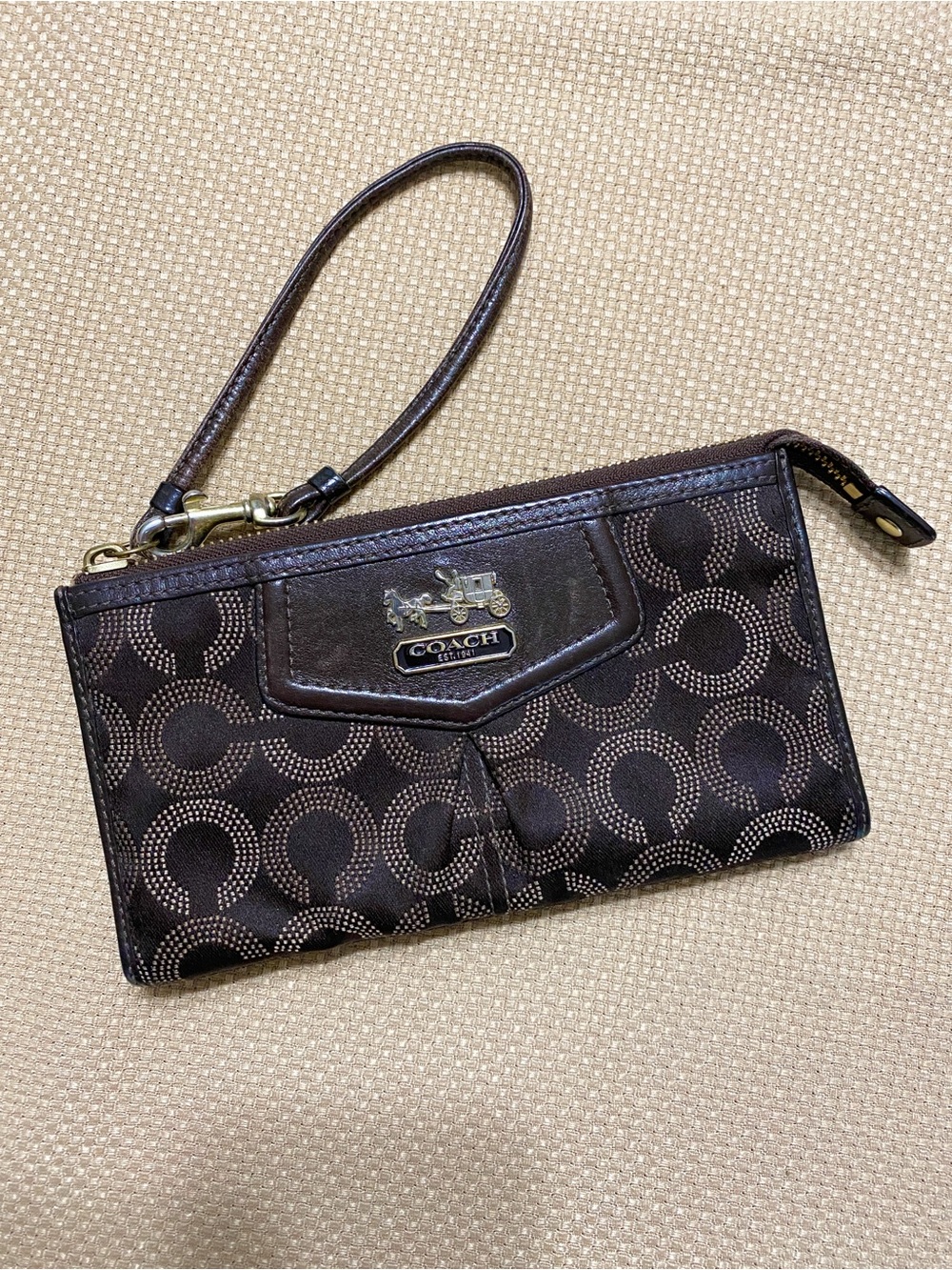 Coach Brown Signature C Canvas Wristlet with Leather Trim